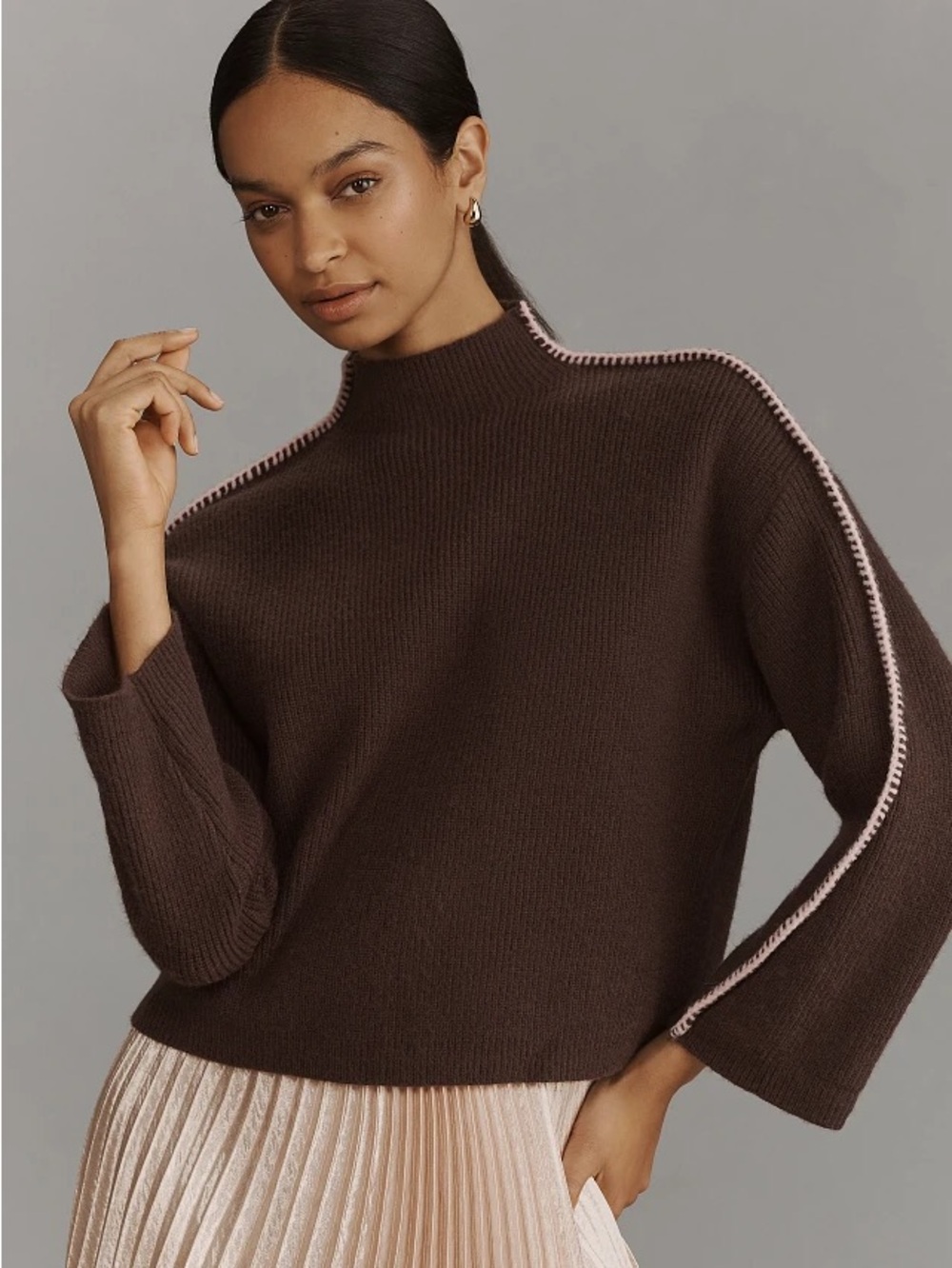 By Anthropologie Mock-Neck Whipstitch Sweater - Dark Brown/ Cream - Size Small